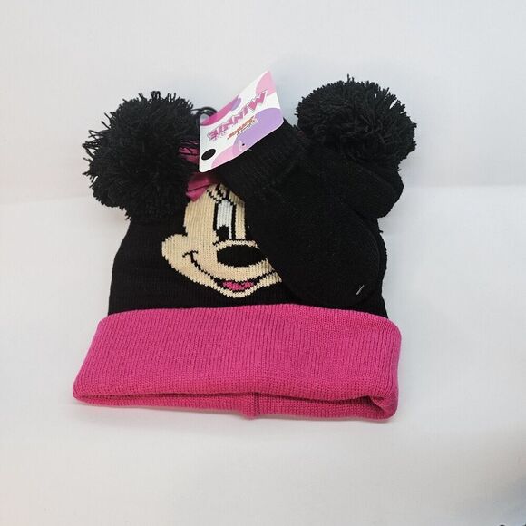 Disney Minnie Mouse Beanie Black & Pink pom-pom Mouse Ears Pink Bow Toddler Kids - Picture 5 of 6